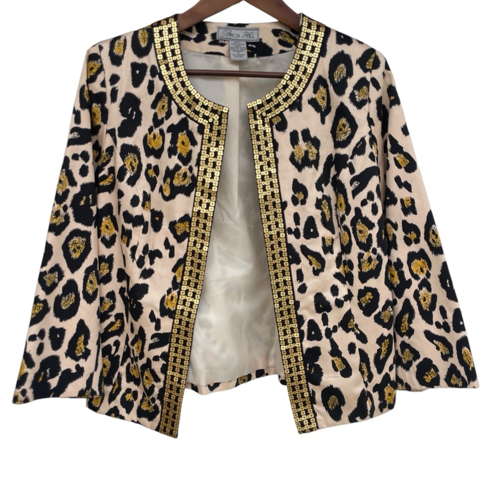 Vintage Birch Hill Leopard Print Open Front Blazer Gold Trim Jacket Size Small